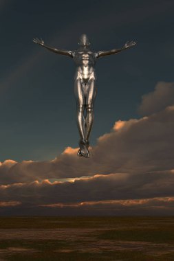 Droid 'in boş arazide yükselişi. 3d oluşturma.