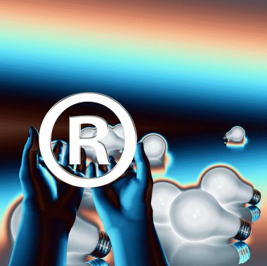 Kayıtlı bir fikir. Ampullü kayıtlı semboller. 3d oluşturma.