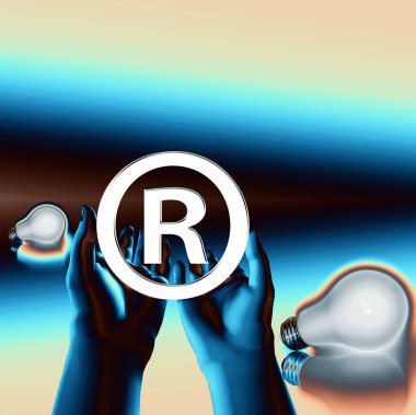 Kayıtlı bir fikir. Ampullü kayıtlı semboller. 3d oluşturma.