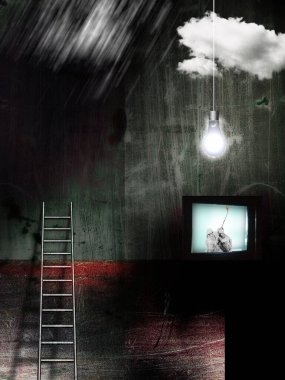 Klasik televizyon, merdiven ve lamba ile Grunge kompozisyonu. 3d oluşturma.