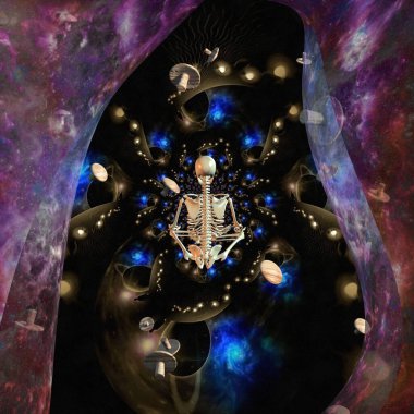 Lotus pozisyonunda meditasyon iskeleti. 3B görüntüleme.