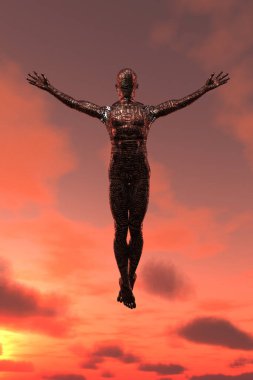 Gökyüzünde droid yükselişi. 3B görüntüleme.