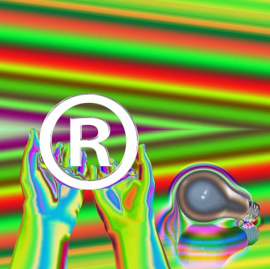 Kayıtlı bir fikir. Ampullü kayıtlı semboller. 3d oluşturma.