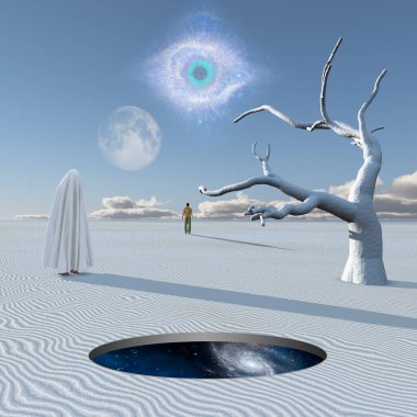 Beyaz kumaşlı figür gerçeküstü beyaz çölde duruyor. Uzakta yalnız bir adam. Zen gezegeni. 3d oluşturma.