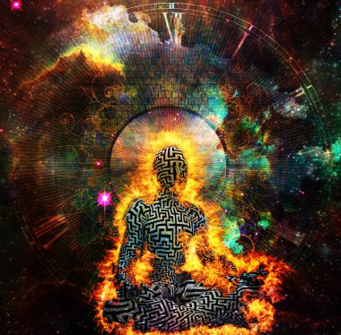 Yanan adam labirent desenli lotus pozuyla meditasyon yapıyor. Saat yüzü ve canlı alan arkaplanı.