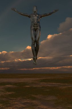 Droid 'in boş arazide yükselişi. 3d oluşturma.