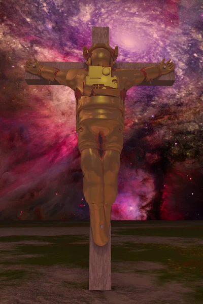 Crucified Astronaut Vivid Space Rendering — Stock Photo, Image