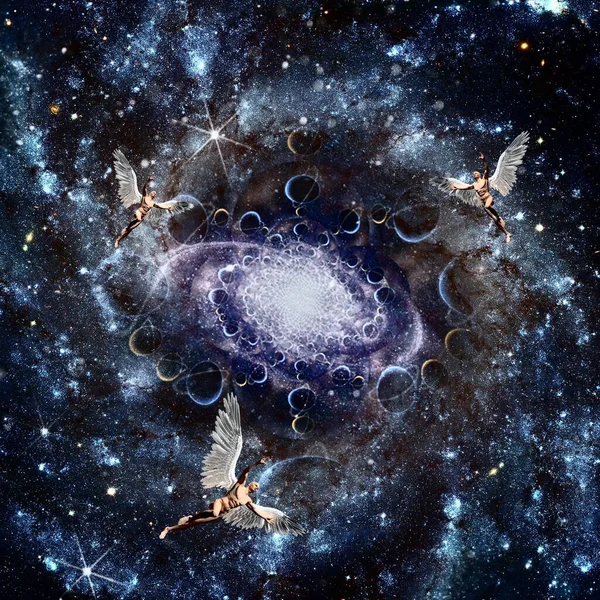 Anioły Latają Kosmosie Renderowanie — Zdjęcie stockowe