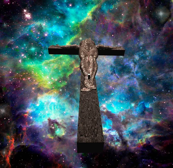 Ciborgue Crucificado Espaço Fundo Nebulosa Colorida Renderização — Fotografia de Stock