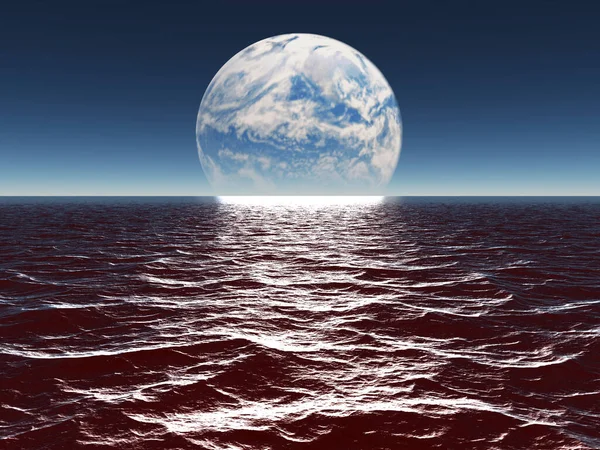 Oceano Mar Mundo Alienígena Água Terra Com Lua Terraformada Além — Fotografia de Stock