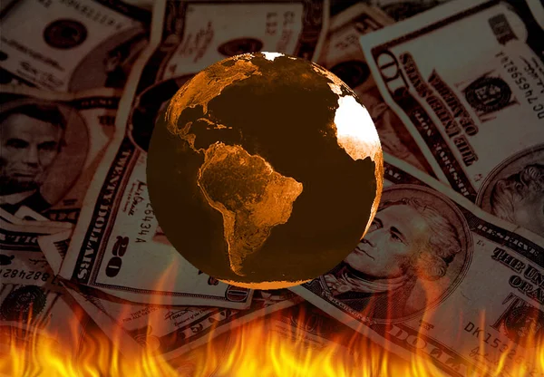 Planète Terre Feu Dollars Américains Rendu — Photo