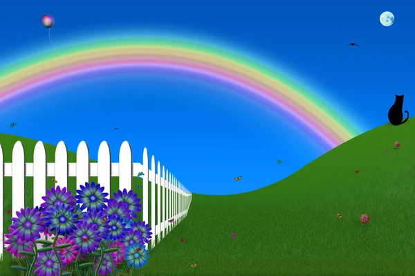 Vivid Backyard Black Cat White Fence Rainbow Rendering — Stock Photo, Image