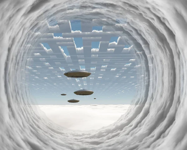 Flota Alienígena Túnel Nubes Renderizado —  Fotos de Stock