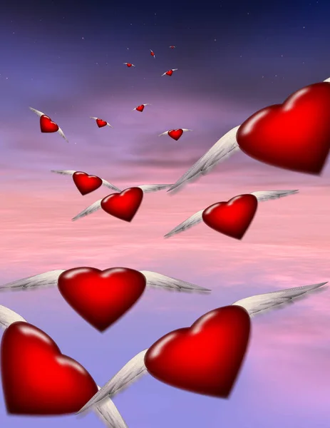 Flying Red Hearts Wings Digital Abstract Background — 스톡 사진