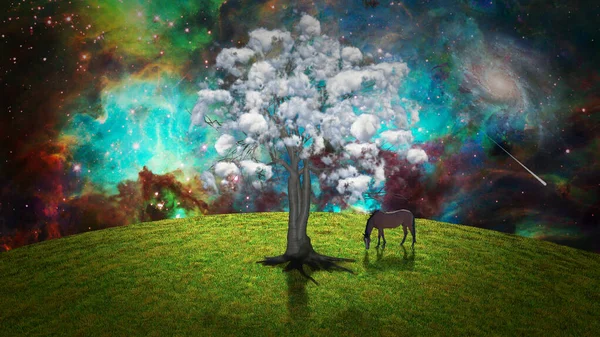 Pianeta Alieno Albero Che Cresce Cavallo Che Pascola Sul Cielo — Foto Stock