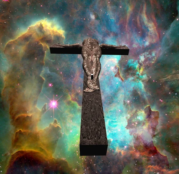 Jezus Chrystus Krzyżem Gwiazdami Tle Zbliżenie — Zdjęcie stockowe