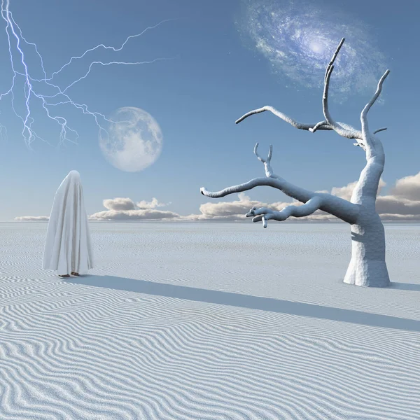 Sessizlik çölünde bez kaplı bir figür. 3d oluşturma.