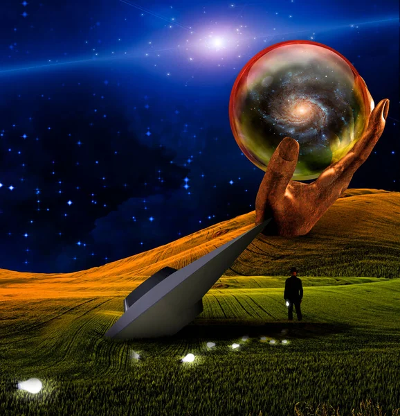 Ufo Crash Hand Sculpture Holding Glass Sphere Galaxy Man Trail — Stock Photo, Image