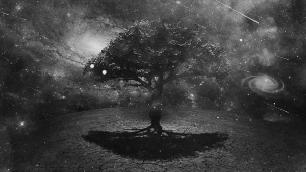 Tree of life in desolate landscape. 3d rendering. Image in black and white.