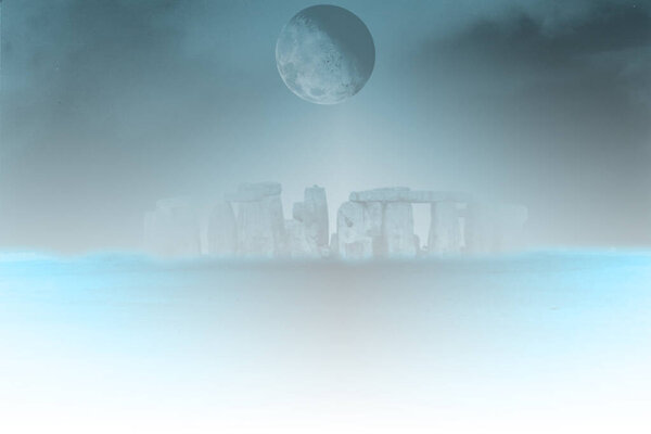 Stonehenge under full moon or planet. Surreal landscape. 3d rendering.