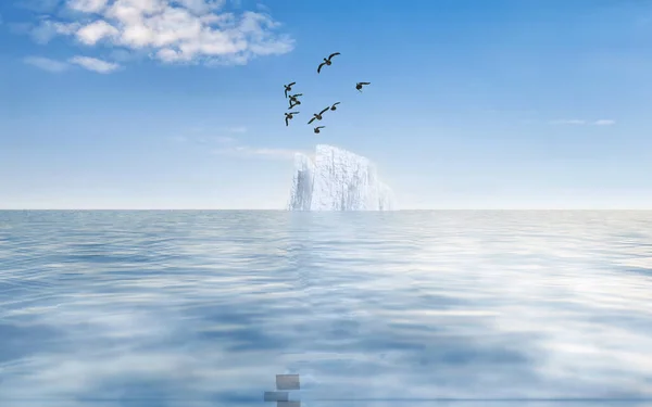 Iceberg Flutua Mar Pássaros Voam Céu Renderização — Fotografia de Stock