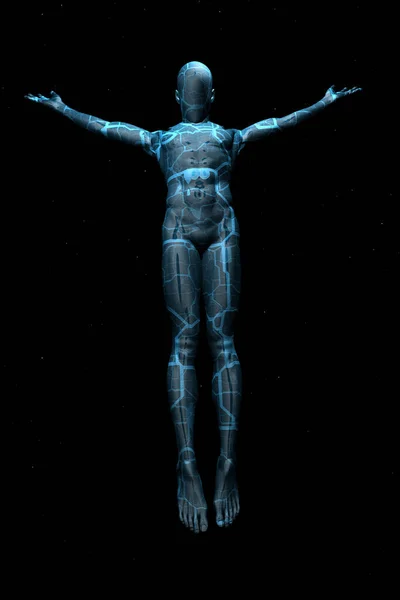 Modrý Droid Izolován Černém Vykreslování — Stock fotografie
