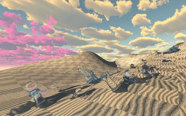 Schachfiguren Surrealer Wüstenlandschaft Vergraben — Stockfoto