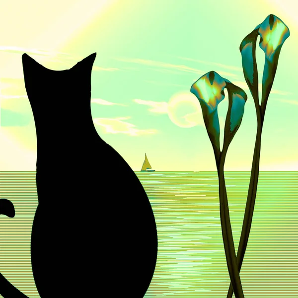 Gato Negro Velero Navega Tranquilo Océano Flores Lirio Renderizado —  Fotos de Stock
