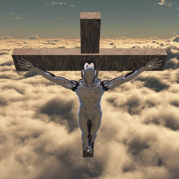 Ciborgue Metálico Crucificado Céu Renderização — Fotografia de Stock