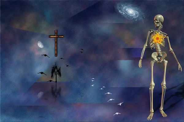 死後の世界 抽象絵画の象徴 十字架 人間の骨格 燃える太陽 木のシルエット 月明かりの下を飛ぶ鳥 — ストック写真