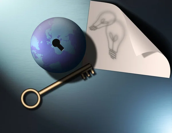 世界とアイデア 鍵穴と鍵を持つ惑星地球 紙の上に電球 3Dレンダリング — ストック写真