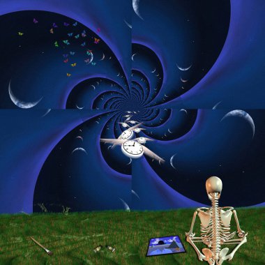 Sembolik kompozisyon. Meditasyon iskeleti, resim, fraktal alan, kanatlı saatler. 3d oluşturma.