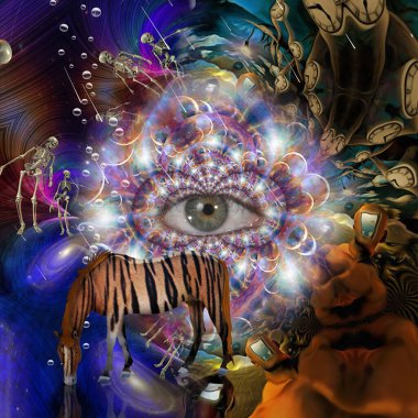 Rüya boyutu. Çizgili at ve sürreal kompozisyonda göz. 3d oluşturma.