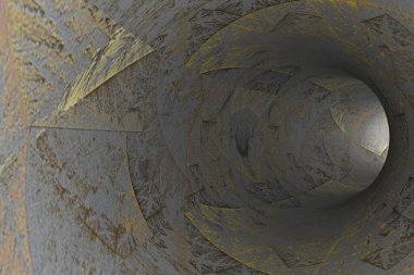 Duvarlarında yıpranmış geometrik şekiller olan soyut bir tünel..