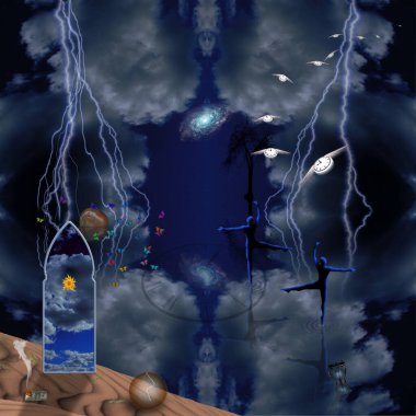 fantasy view from night sky with clouds, abtract concepty backgrond 