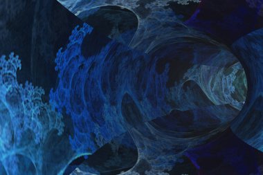 Duvarlarında mavi fraktal desenler olan soyut tünel.