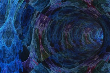 Duvarlarında mavi fraktal desenler olan soyut tünel.