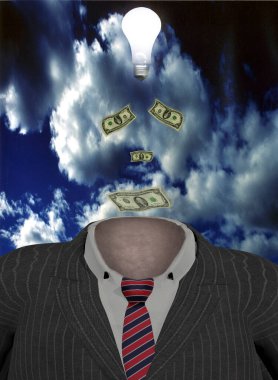 Kârlı bir fikir. Ampullü ve Amerikan dolarlı iş elbisesi. 3d oluşturma.