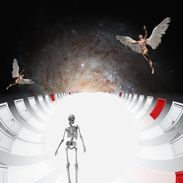Skeleton and angels in front of doors of heaven. 3d rendering.