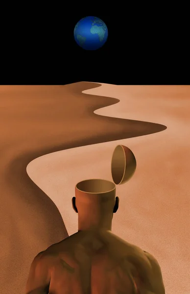 Man Met Open Hoofd Abstracte Woestijn Planeet Aarde Zicht Surrealisme — Stockfoto