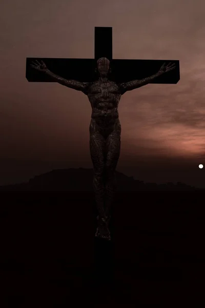 Crucified Cyborg Dark Night Sky — Stock Photo, Image