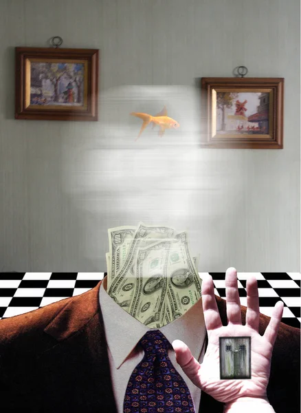 超现实的符号组成 穿着西装的美元钞票 金鱼对金钱的渴望 3D渲染 — 图库照片