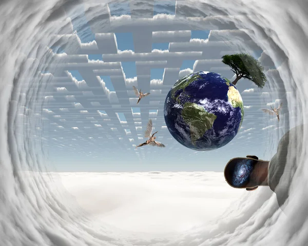 天国の風景の中に木と天使と地球 銀河系の考えを持つ男 3Dレンダリング — ストック写真