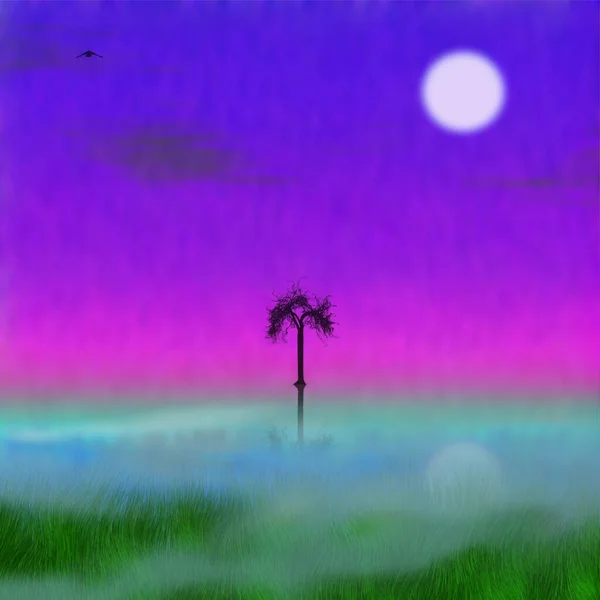 Abstrakt Landskapsmålning Träd Och Fågel Mystisk Himmel — Stockfoto