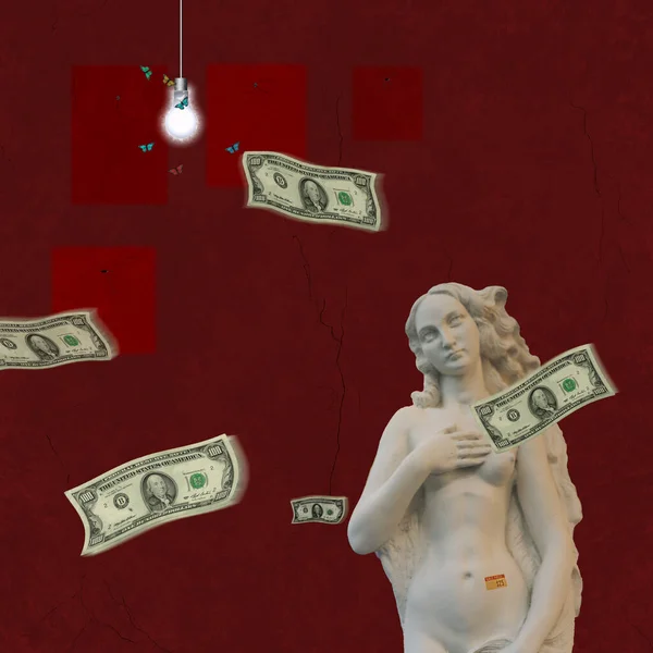 Kırmızı Arka Planda Dolarları Olan Heykel — Stok fotoğraf