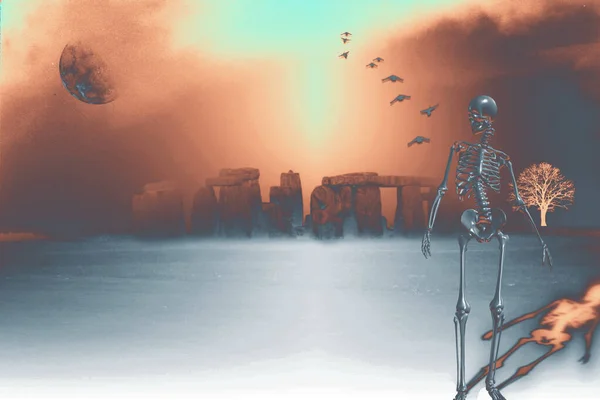 Colorful Illustration Stonehenge Human Skeleton — Φωτογραφία Αρχείου