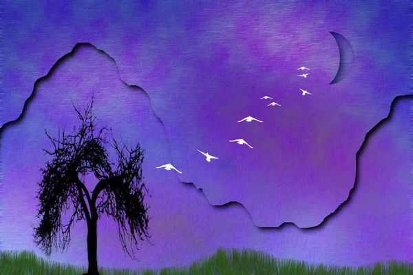 Composition Tree Silhouette Mountains Birds Fly Moon Mystic Nature Rendering — Stock Photo, Image