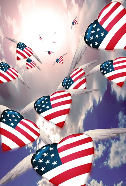 抽象的なカラフルな背景とハートとアメリカ国旗 — ストック写真