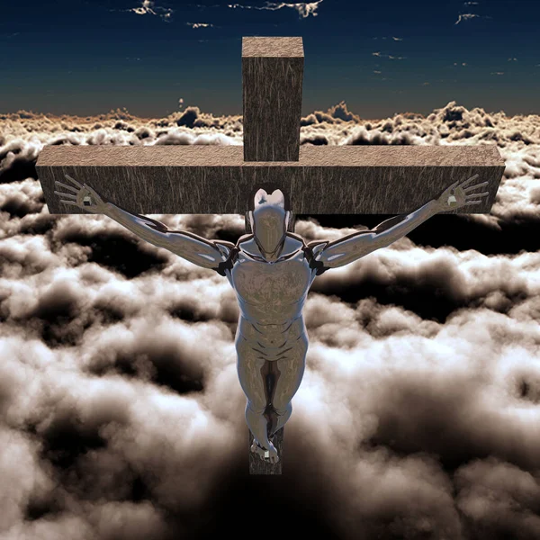 Crucified Metallic Cyborg Sky Rendering — Stock Photo, Image