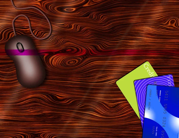 オンライン購入 クレジットカードとコンピューターマウス 3Dレンダリング — ストック写真
